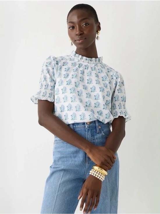 J. Crew Tops - J. Crew White Blouse with Blue Floral Print and Ruffle Neck